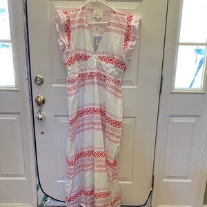 Sail to Sable White Orange/Red Flutter Sleeve Maxi Dress Sundress 100% Cotton